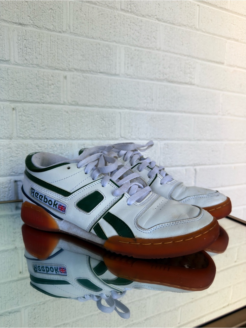 Reebok White and Green Low-Top Sneakers with Gum Sole